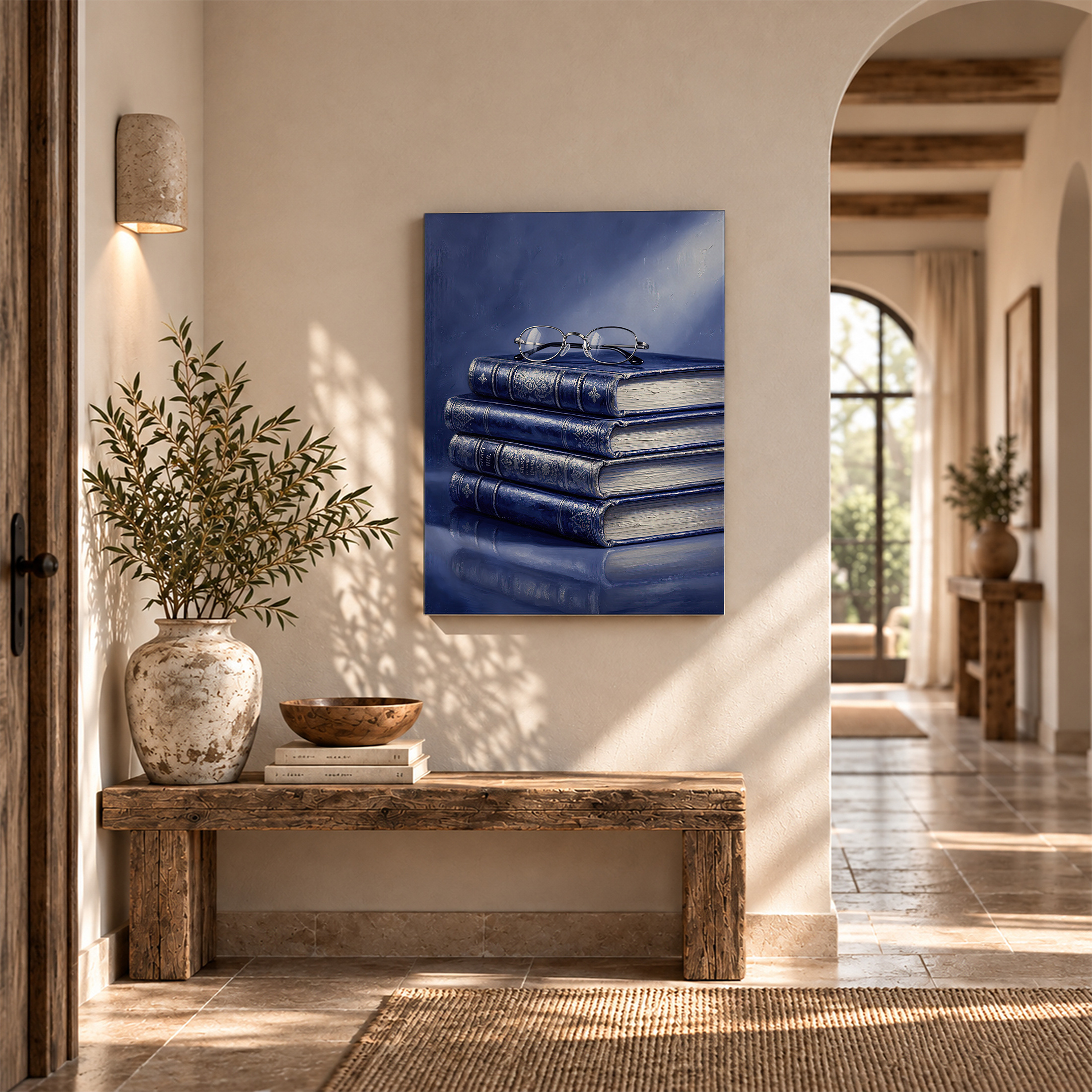 Vintage Blue Books & Glasses Study Scene Framed Canvas Wall Art - Image 6
