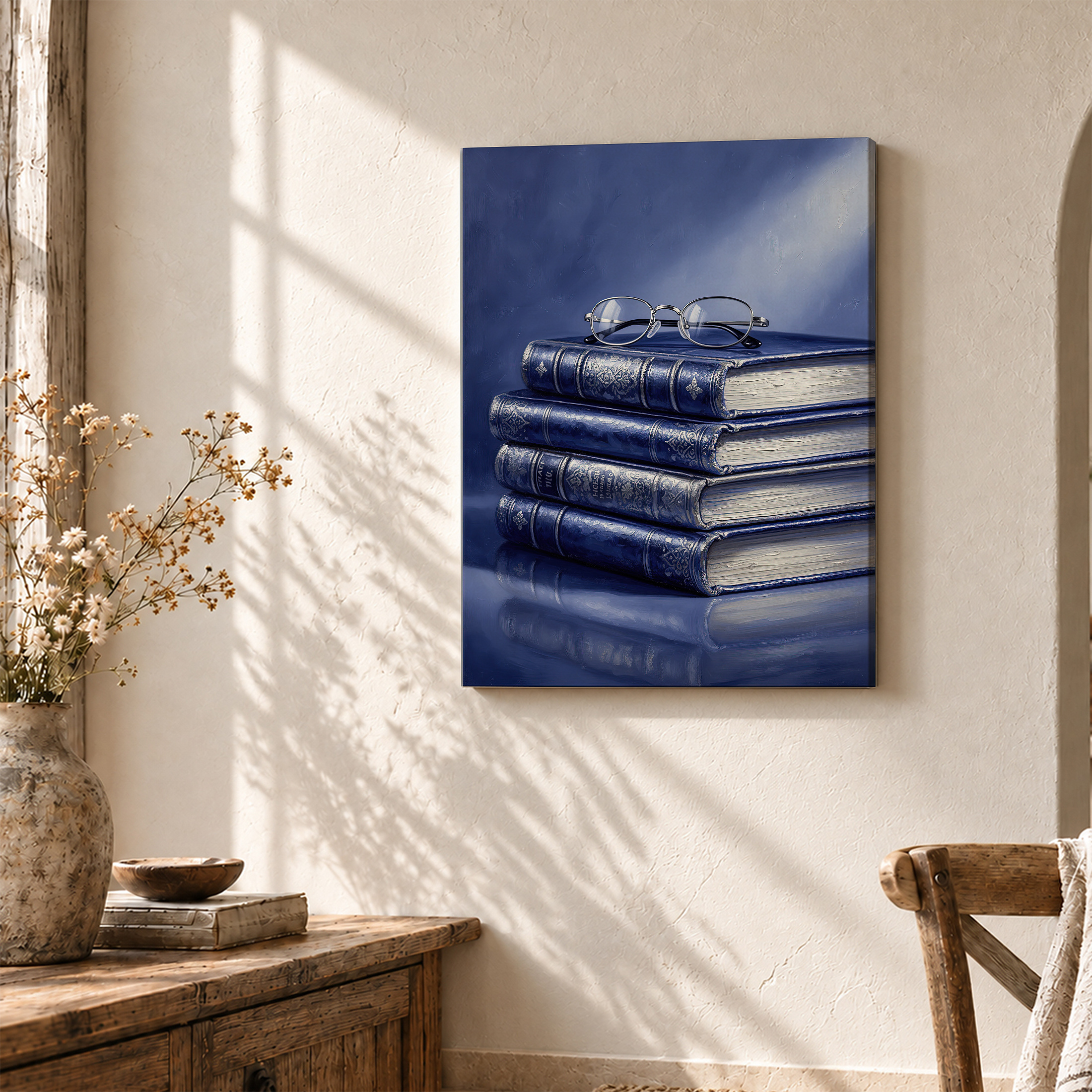 Vintage Blue Books & Glasses Study Scene Framed Canvas Wall Art - Image 3