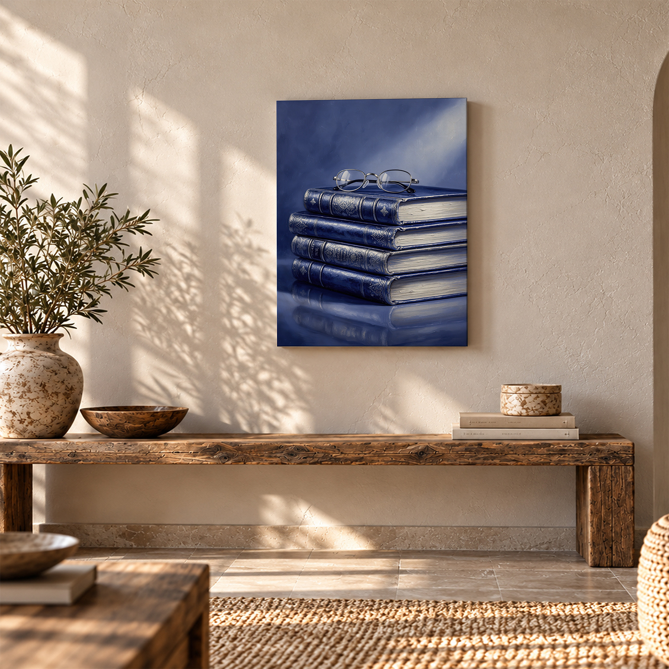 Vintage Blue Books & Glasses Study Scene Framed Canvas Wall Art - Image 5