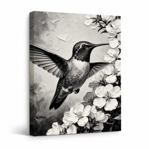 Hummingbird & Blossoms Monochrome Framed Canvas Wall Art