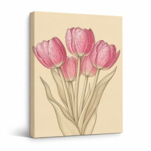 Pink Tulips with Dewdrops Framed Canvas Wall Art - Ready to Hang