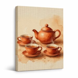 Vintage Tea Set Watercolor Framed Canvas Wall Art Ready to Hang