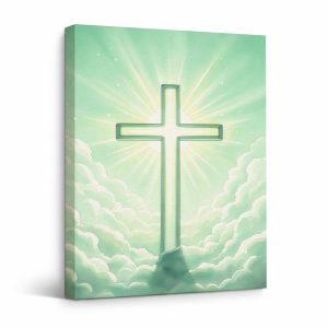 Glowing Cross Mint Green Sky Framed Canvas Wall Art