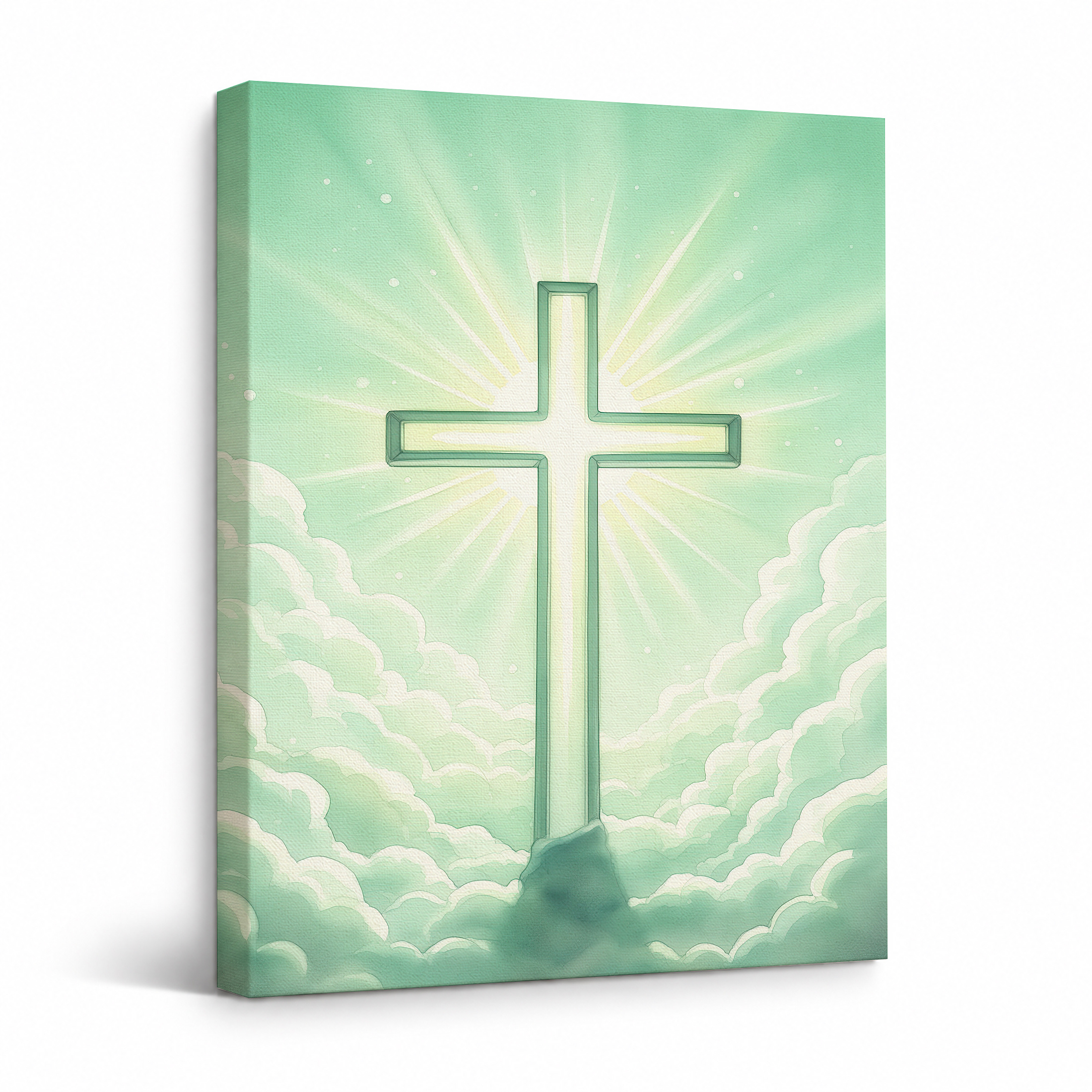 Glowing Cross Mint Green Sky Framed Canvas Wall Art