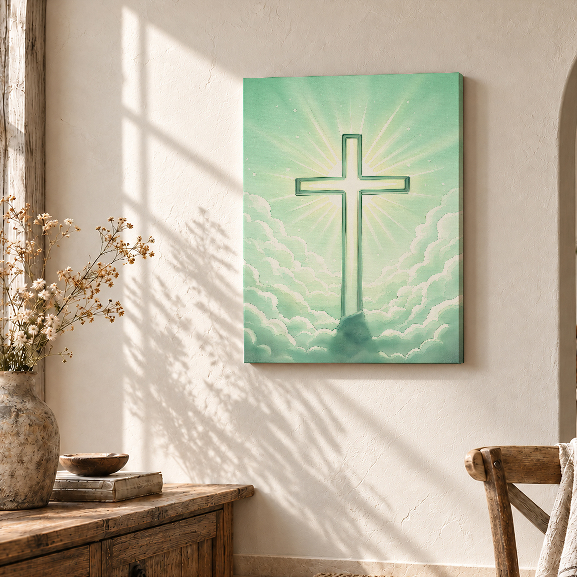 Glowing Cross Mint Green Sky Framed Canvas Wall Art - Image 3