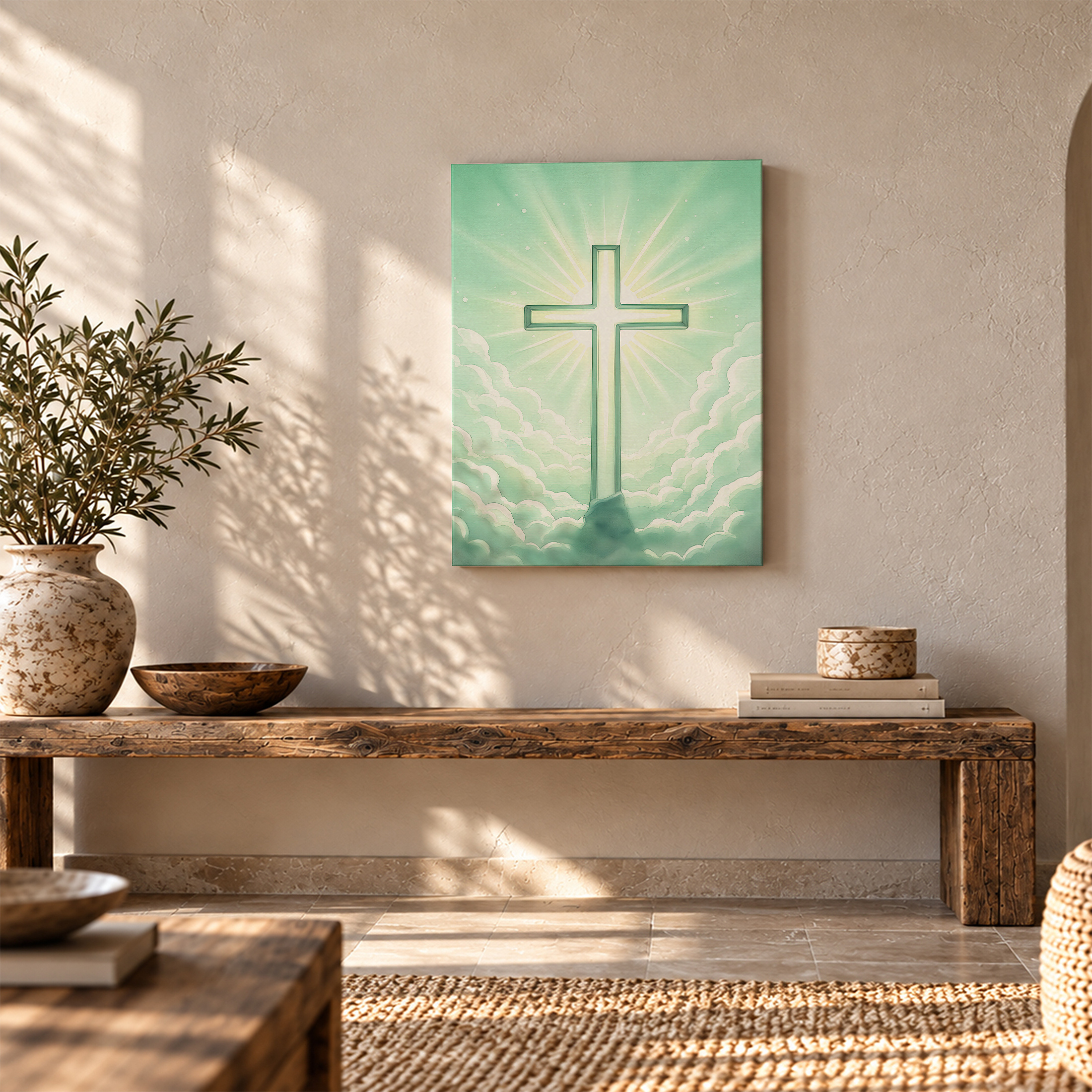 Glowing Cross Mint Green Sky Framed Canvas Wall Art - Image 5