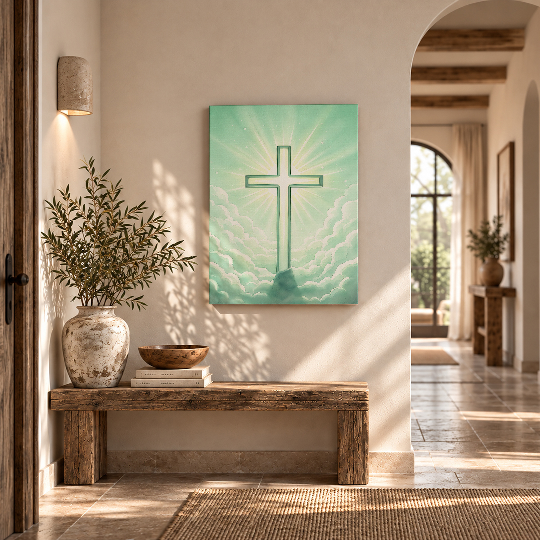 Glowing Cross Mint Green Sky Framed Canvas Wall Art - Image 6