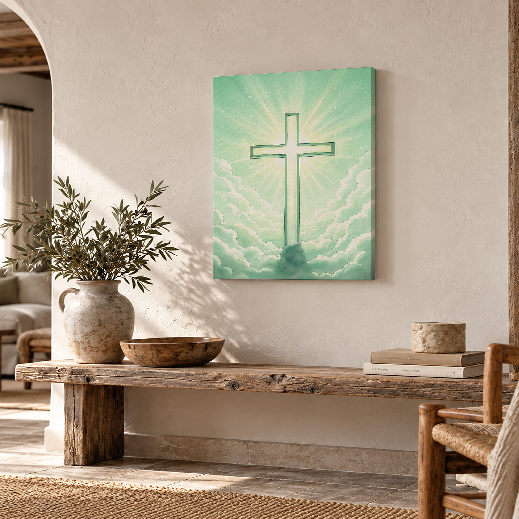 Glowing Cross Mint Green Sky Framed Canvas Wall Art - Image 2