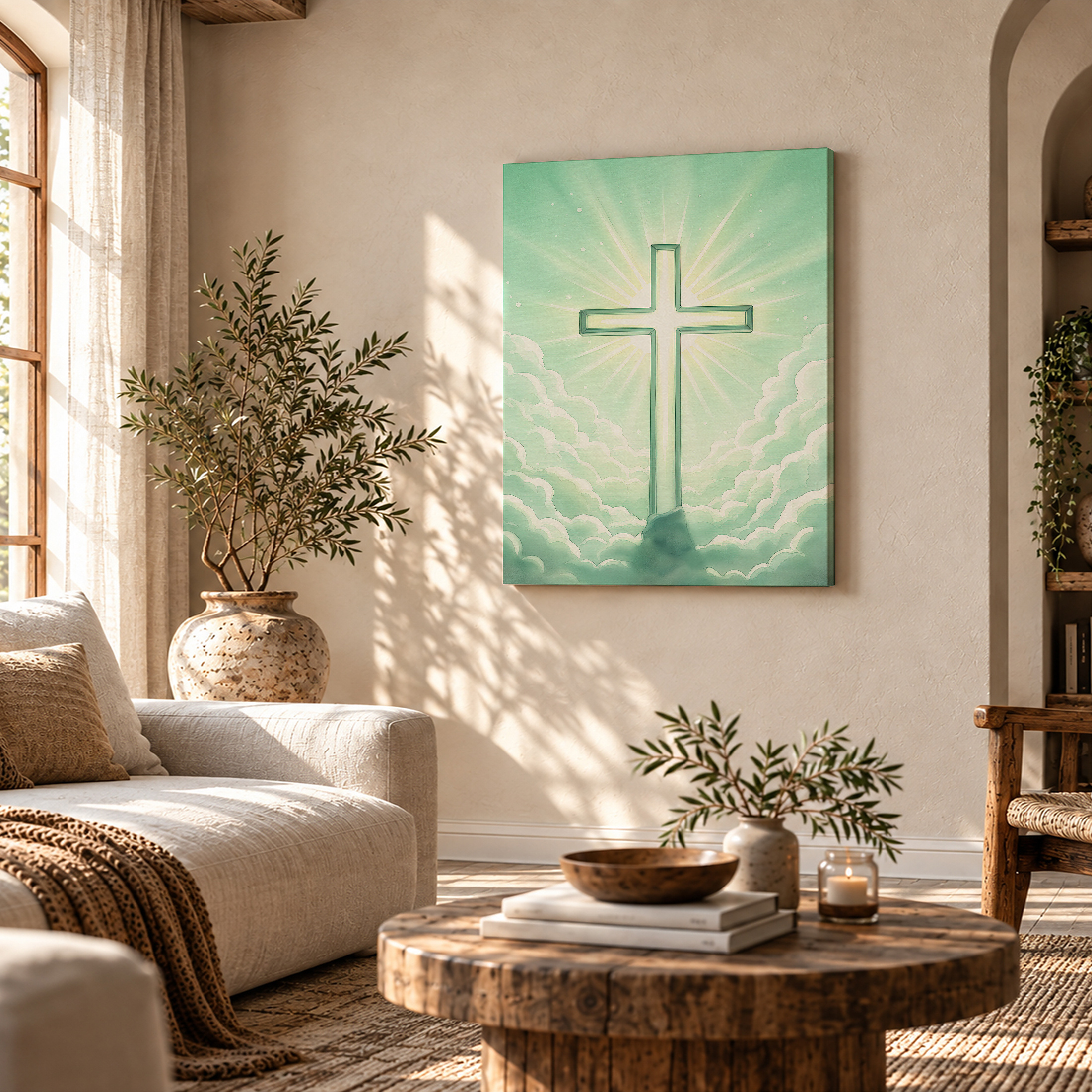 Glowing Cross Mint Green Sky Framed Canvas Wall Art - Image 4