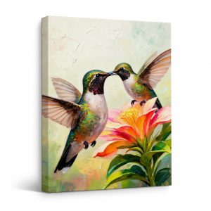 Hummingbirds & Flower Framed Canvas Wall Art - Ready to Hang