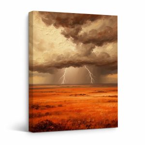 Framed Canvas Wall Art: Stormy Lightning Over Fiery Landscape