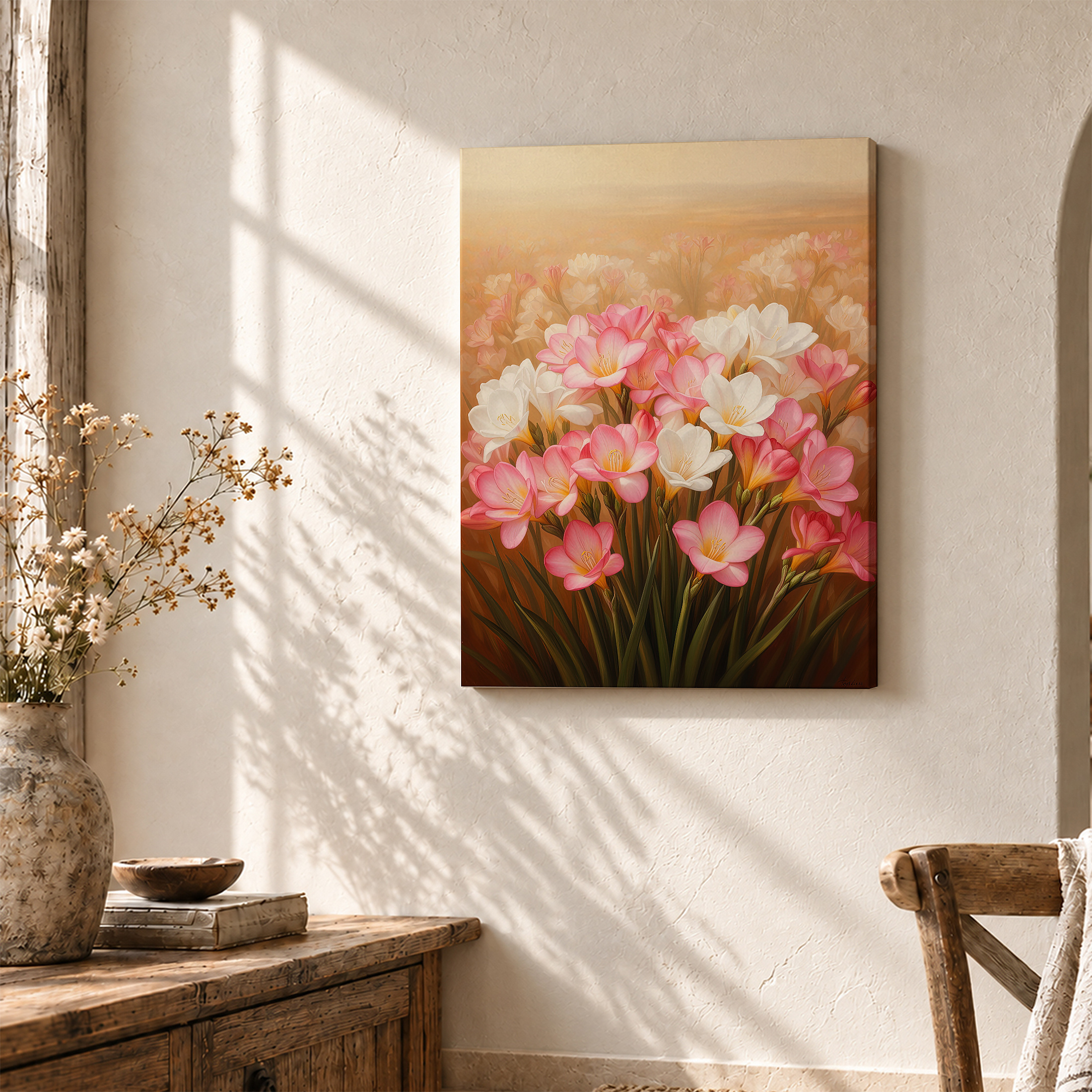 Pink & White Floral Field Framed Canvas Wall Art Ready to Hang - Image 3