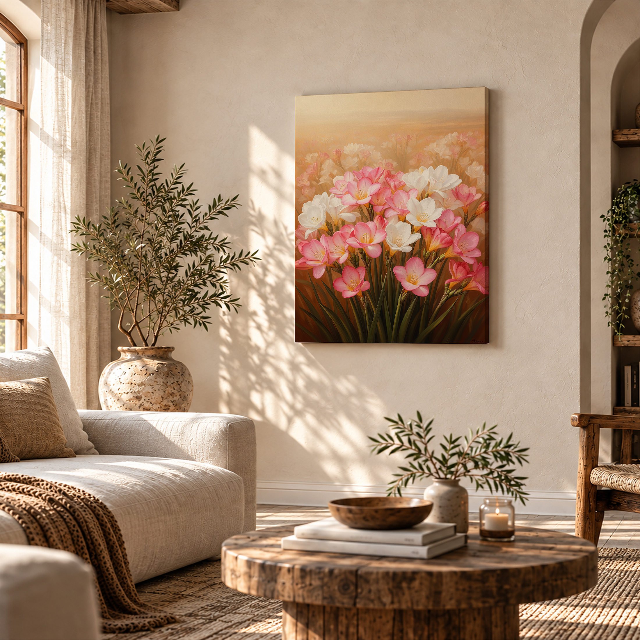 Pink & White Floral Field Framed Canvas Wall Art Ready to Hang - Image 4