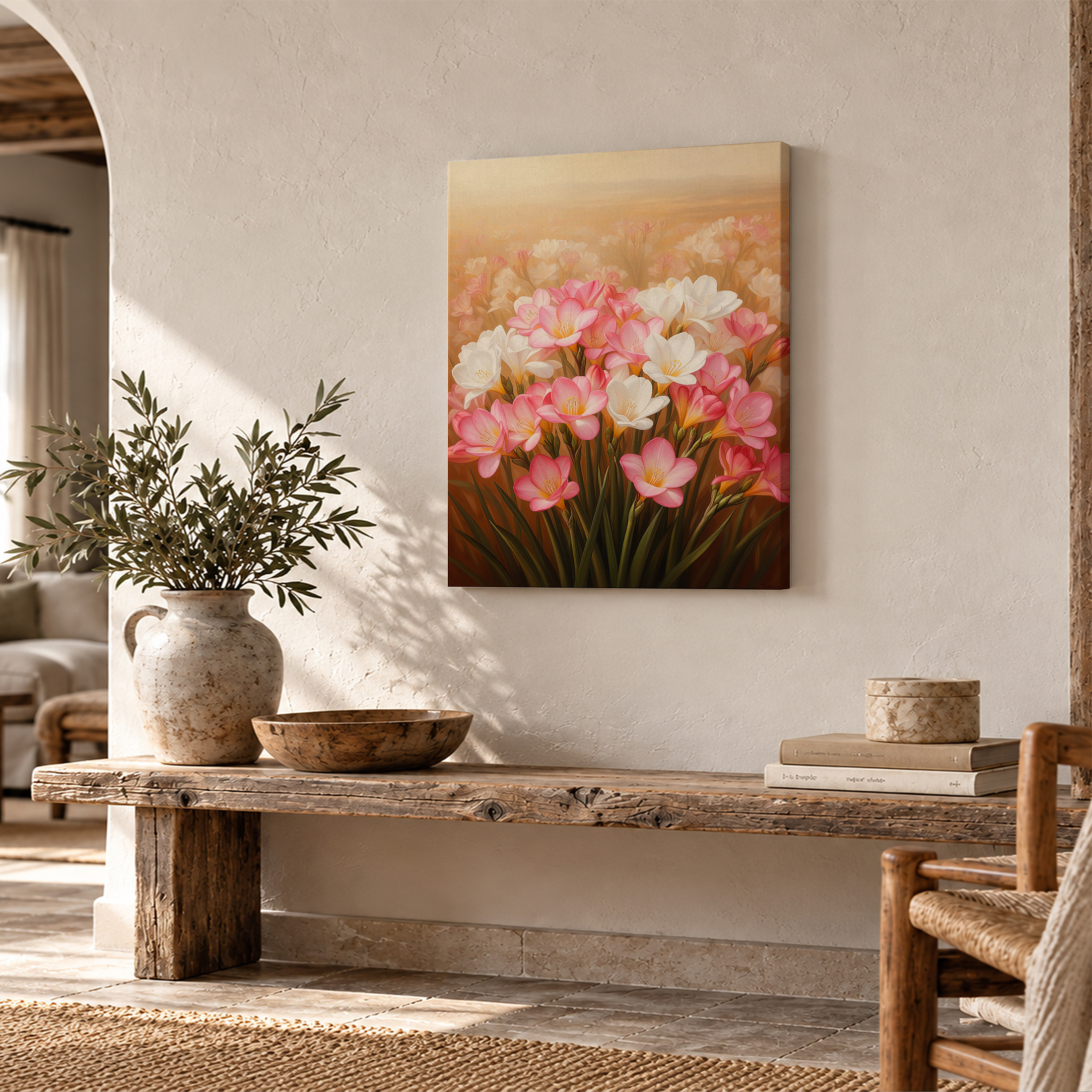 Pink & White Floral Field Framed Canvas Wall Art Ready to Hang - Image 2