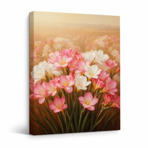 Pink & White Floral Field Framed Canvas Wall Art Ready to Hang