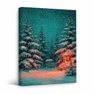 Snowy Winter Cabin Forest Framed Canvas Wall Art