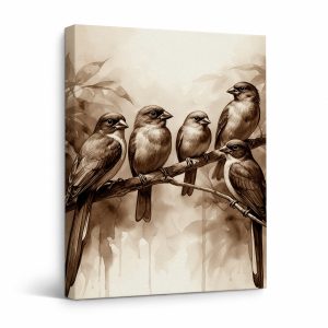 Sparrows in Sepia Watercolor Framed Canvas Wall Art
