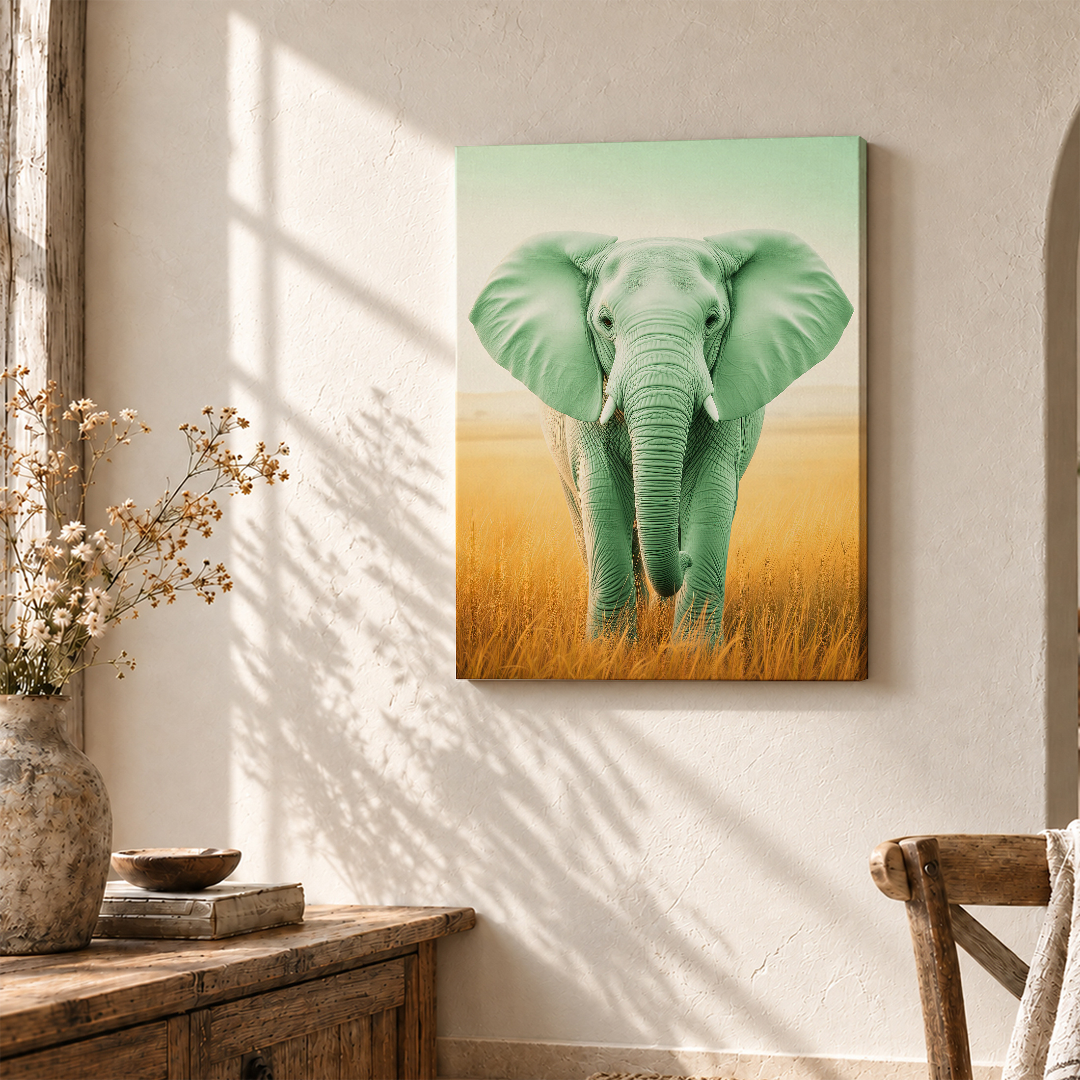 Green Elephant in Golden Field Framed Canvas Wall Art - Ready to Hang - Image 3