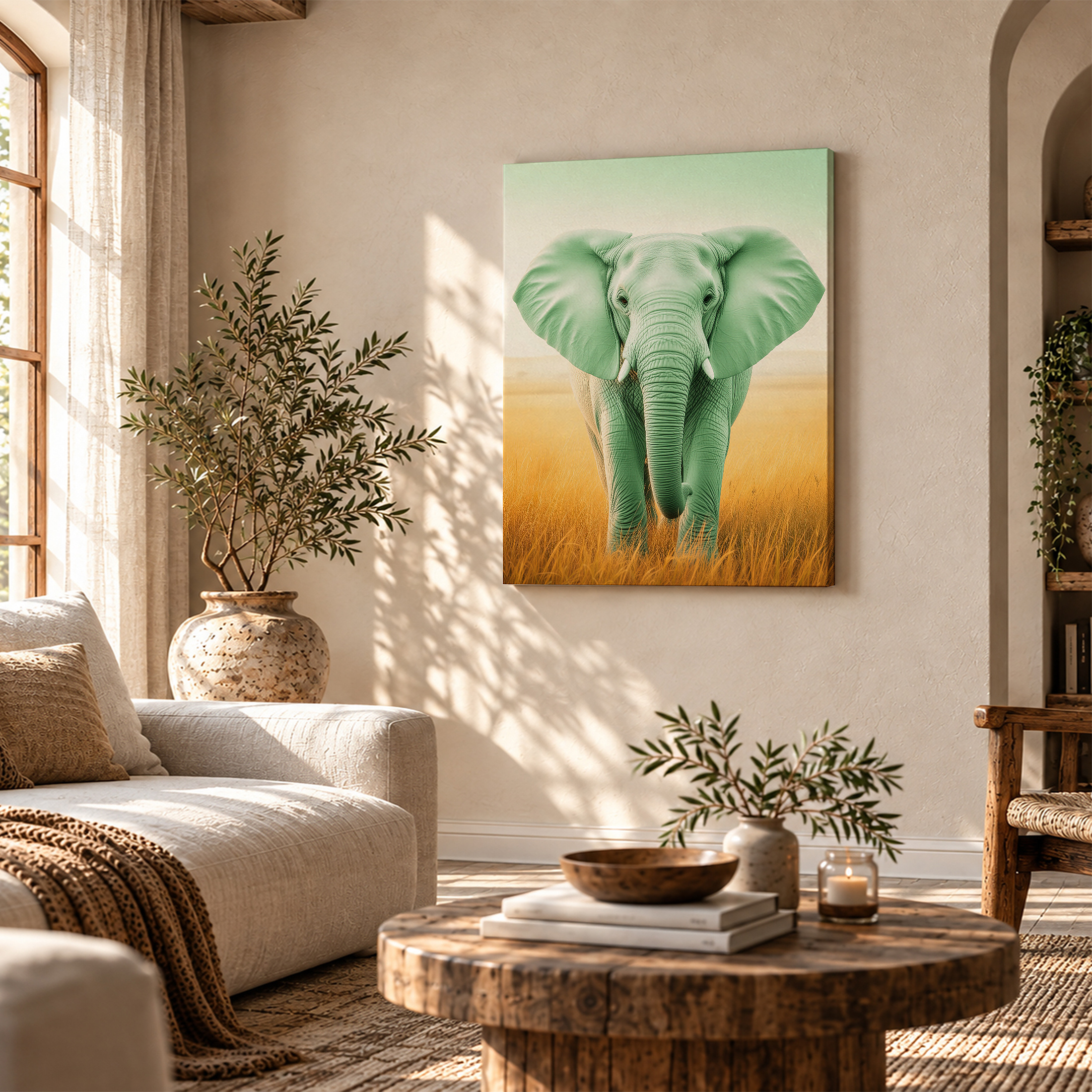 Green Elephant in Golden Field Framed Canvas Wall Art - Ready to Hang - Image 4