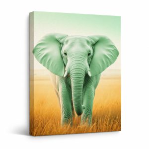 Green Elephant in Golden Field Framed Canvas Wall Art - Ready to Hang