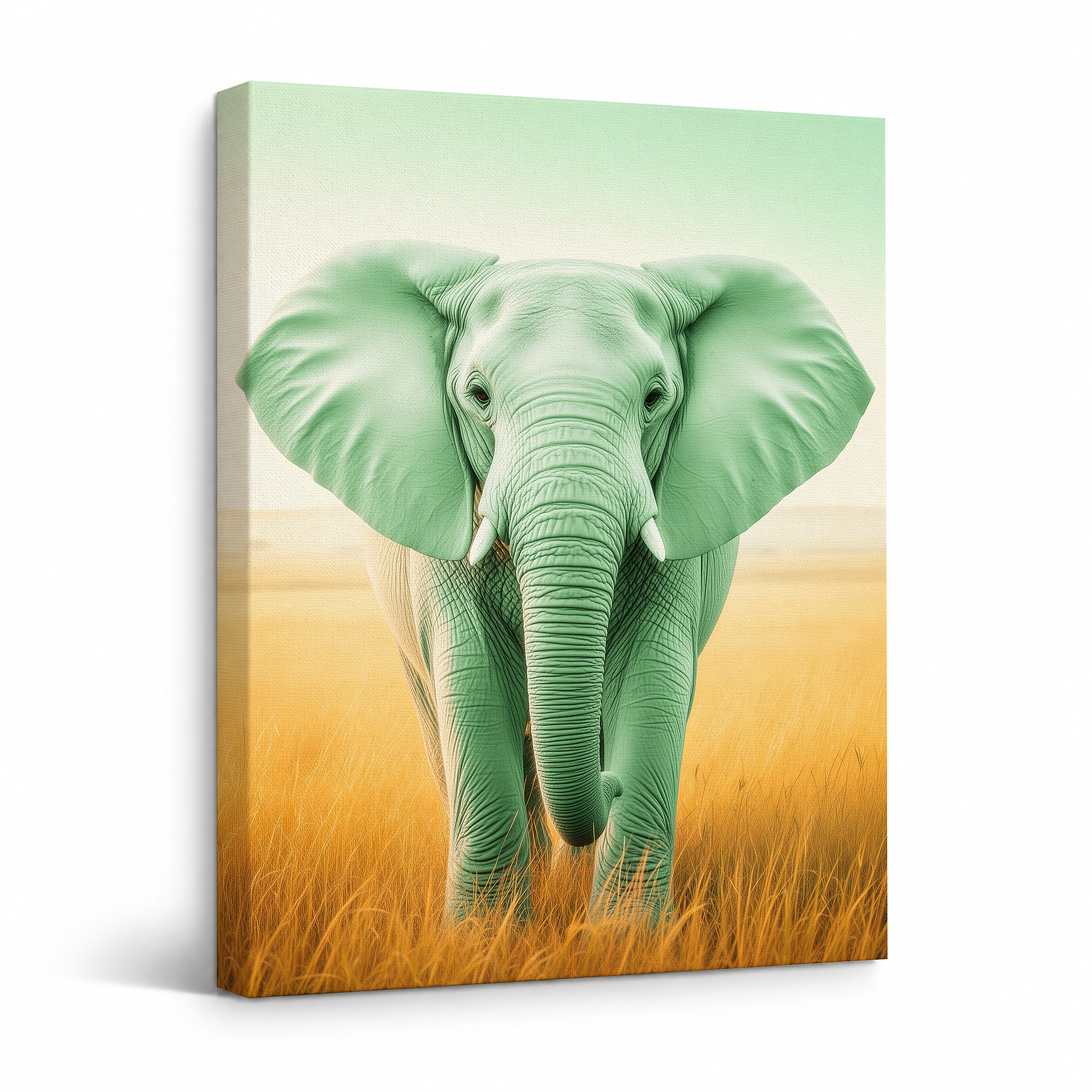 Green Elephant in Golden Field Framed Canvas Wall Art - Ready to Hang