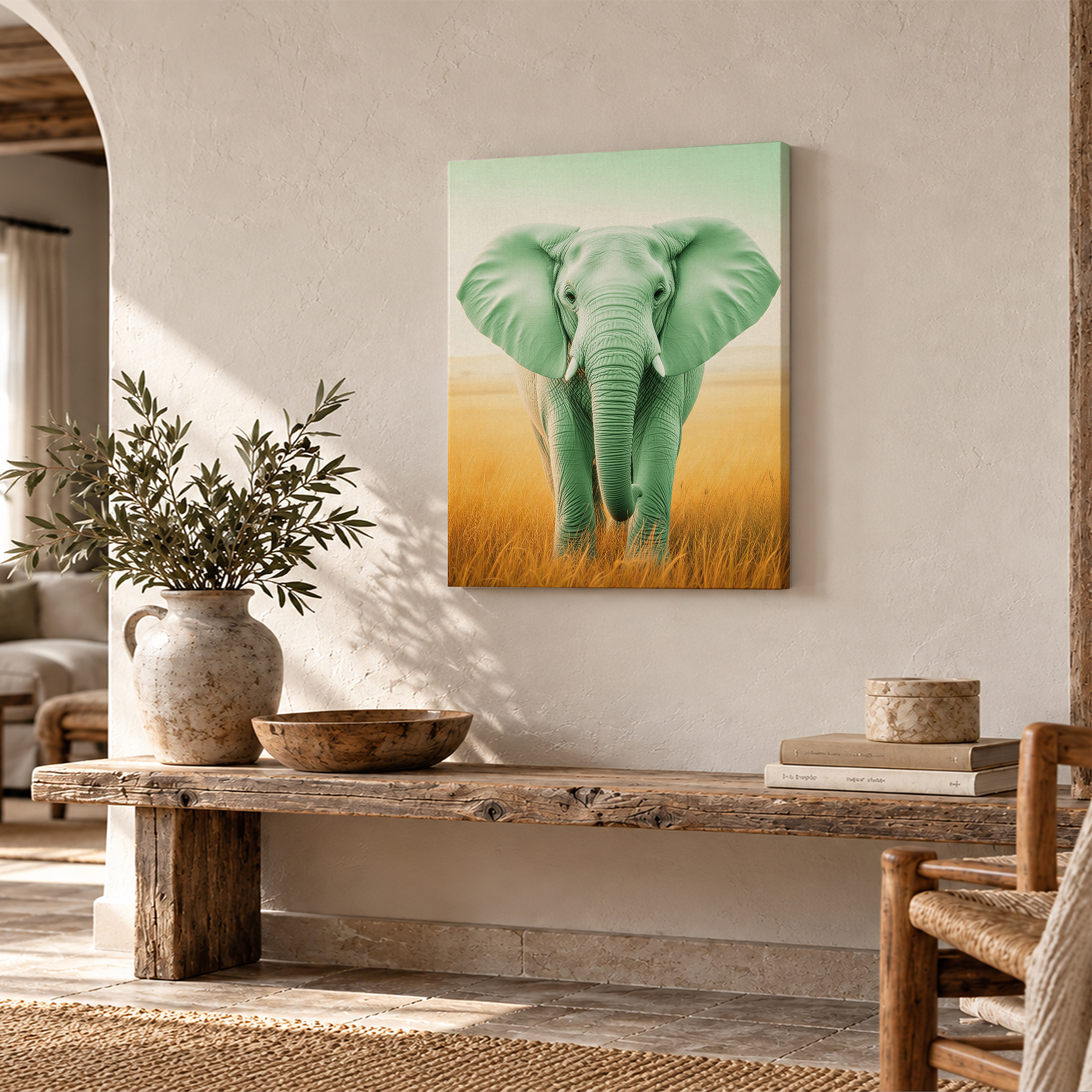Green Elephant in Golden Field Framed Canvas Wall Art - Ready to Hang - Image 2