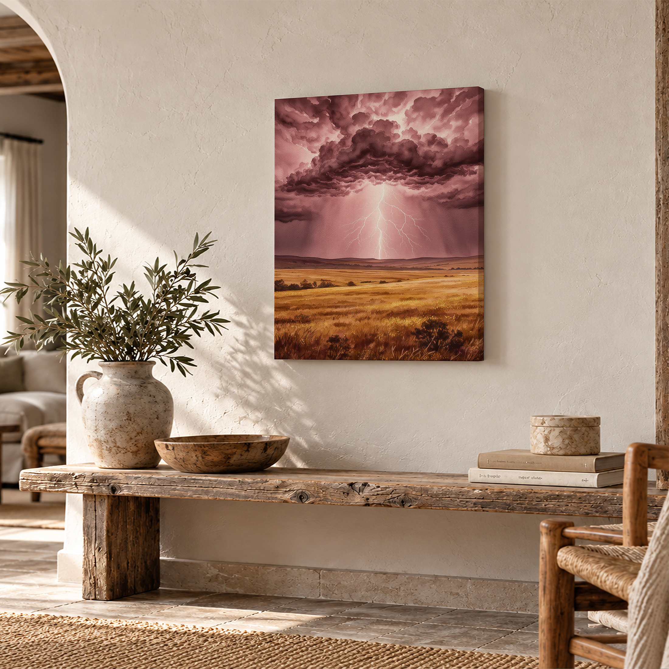 Purple Lightning Storm Over Golden Field Framed Canvas Wall Art - Image 2