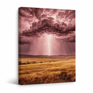 Purple Lightning Storm Over Golden Field Framed Canvas Wall Art