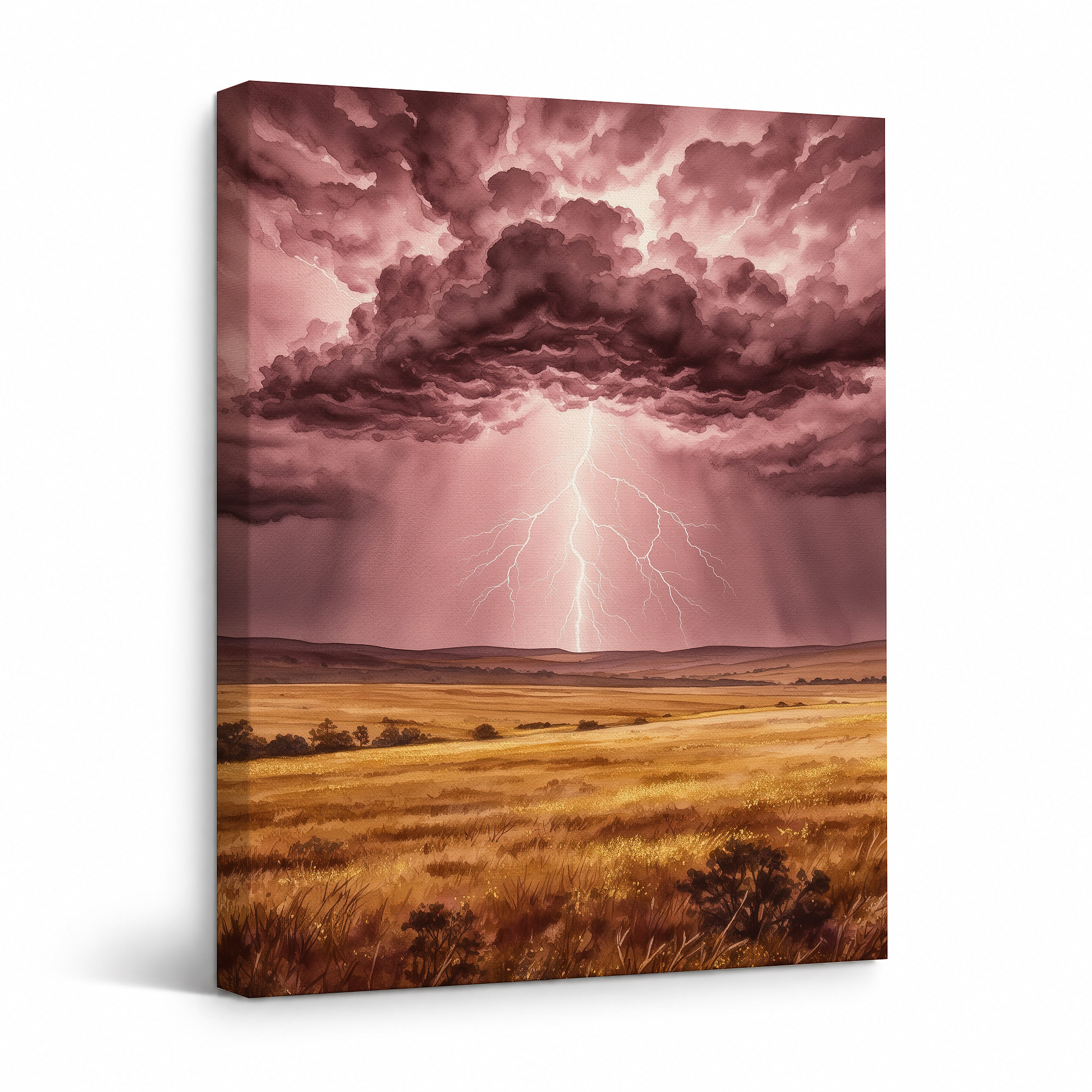 Purple Lightning Storm Over Golden Field Framed Canvas Wall Art