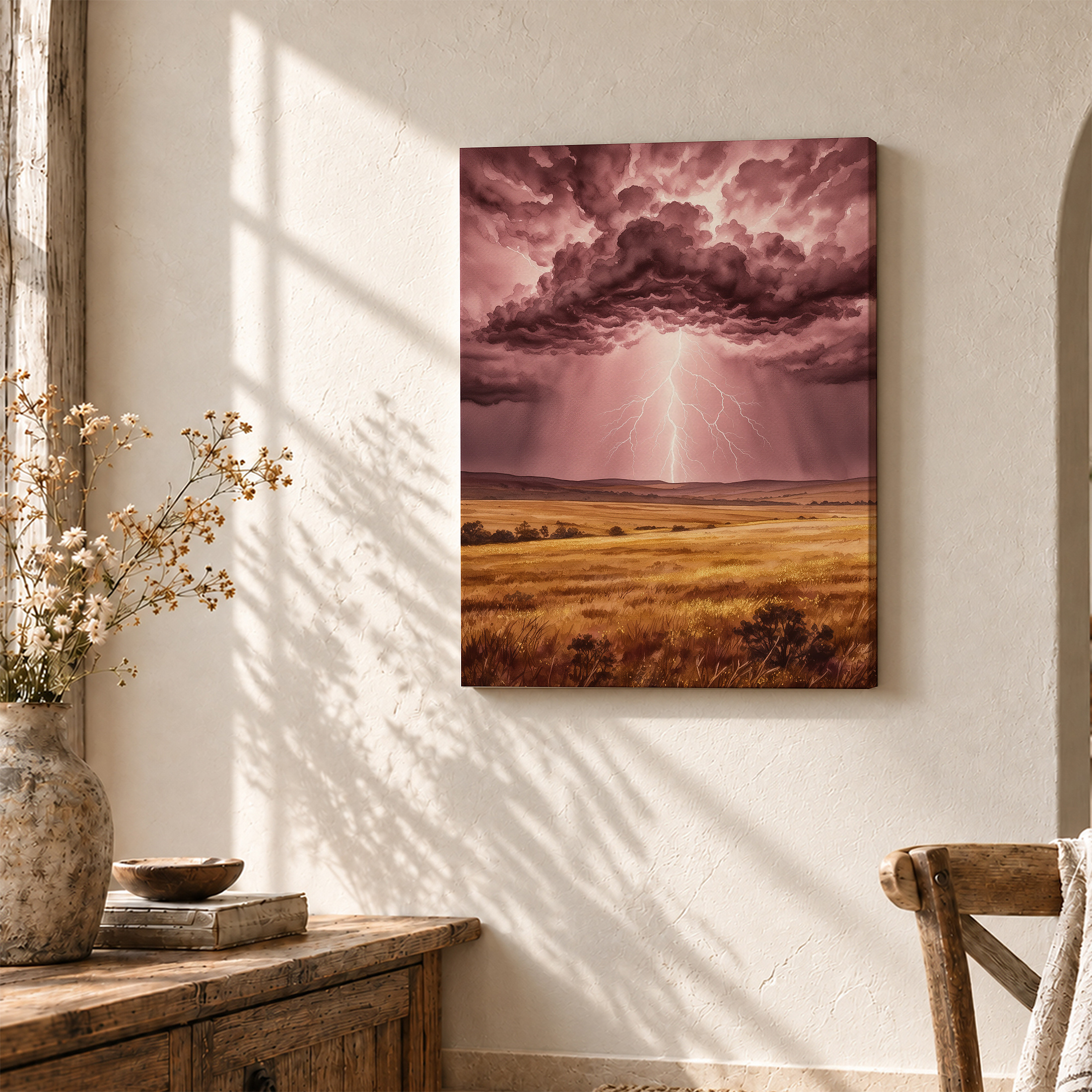 Purple Lightning Storm Over Golden Field Framed Canvas Wall Art - Image 3