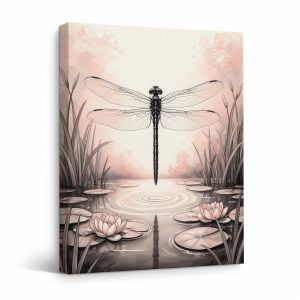 Dragonfly & Lotus Pond Framed Canvas Wall Art | Serene Watercolor Decor