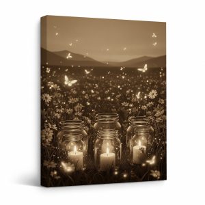 Glowing Butterflies & Candlelit Field Framed Canvas Wall Art