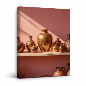 Copper Vases on Pink Wall Framed Canvas Wall Art Ready to Hang