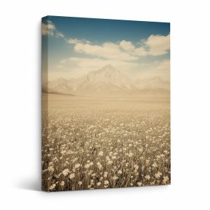 Vintage Mountain Wildflower Field Framed Canvas Wall Art Ready to Hang
