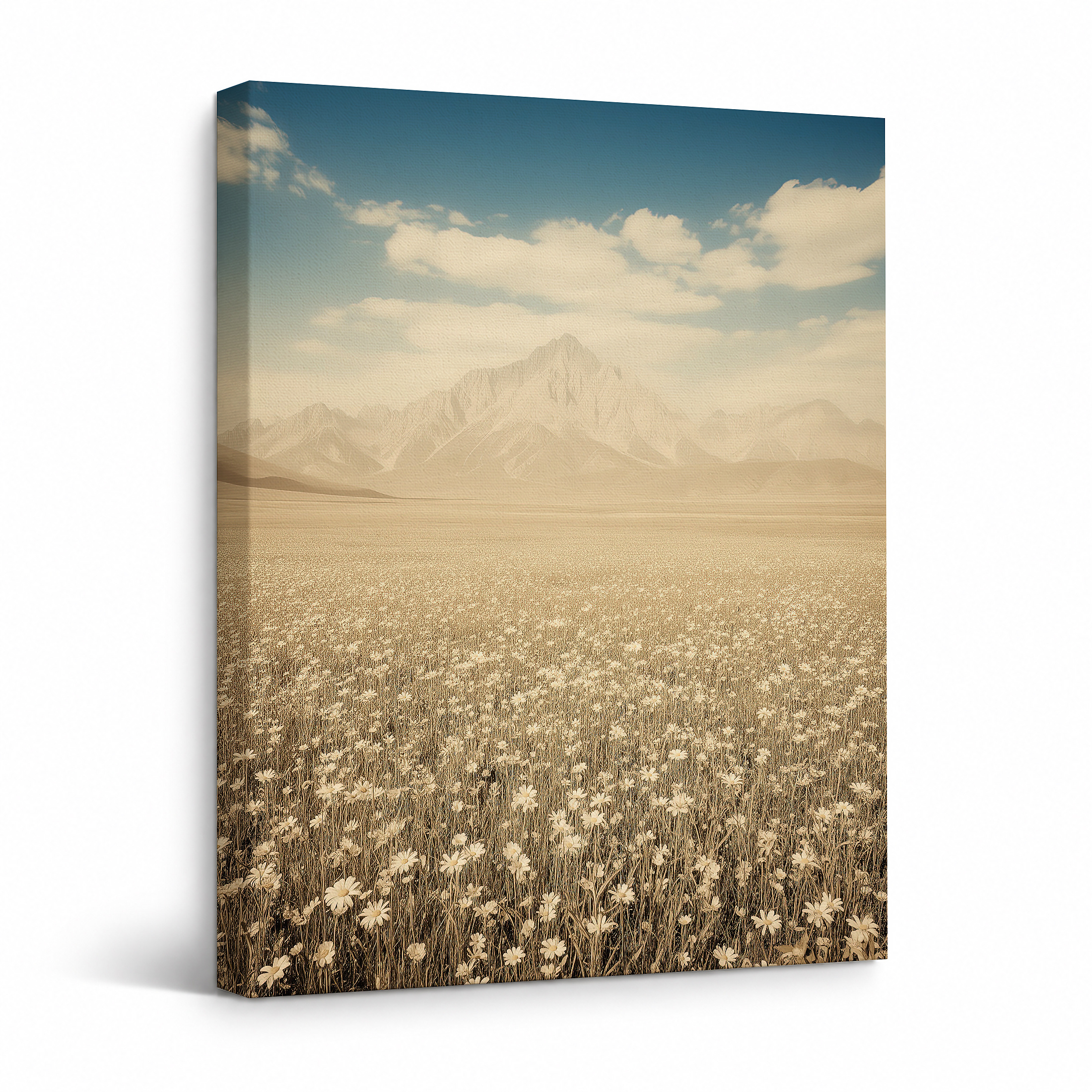 Vintage Mountain Wildflower Field Framed Canvas Wall Art Ready to Hang