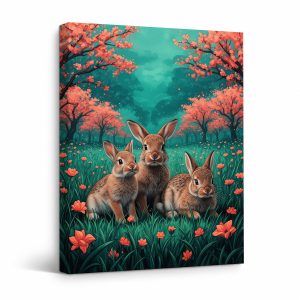 Cherry Blossom Rabbits Framed Canvas Wall Art - Spring Garden Decor