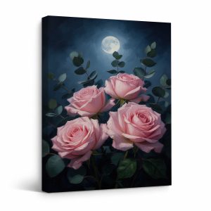 Moonlit Pink Roses Framed Canvas Wall Art | Serene Night Garden Decor