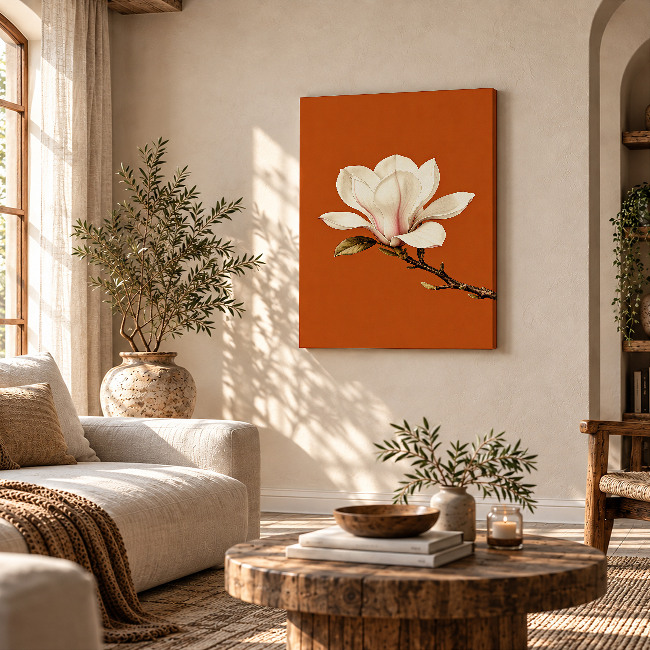 Magnolia on Orange Background Framed Canvas Wall Art - Image 4