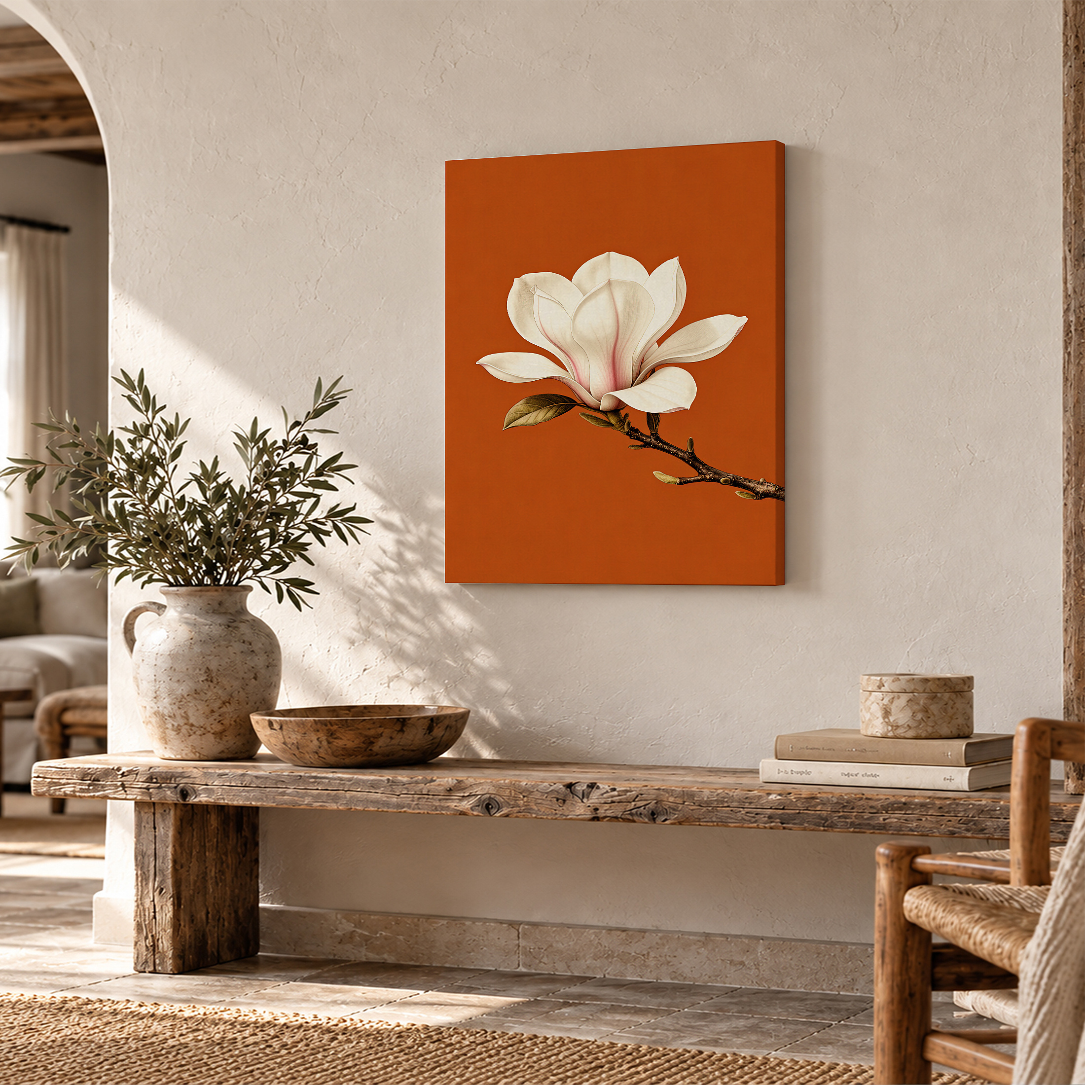 Magnolia on Orange Background Framed Canvas Wall Art - Image 2