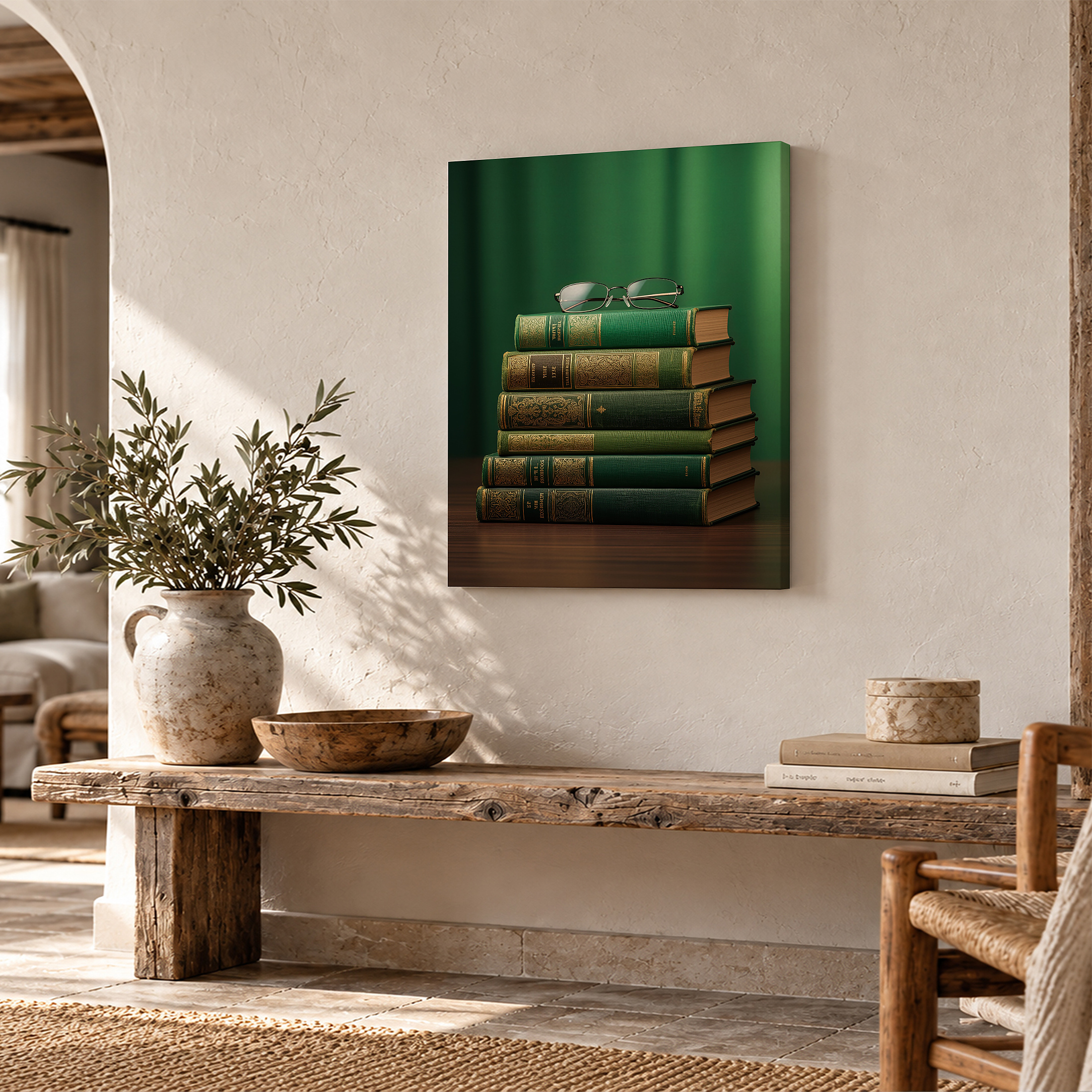 Vintage Book Stack with Glasses Framed Canvas Wall Art - Image 2