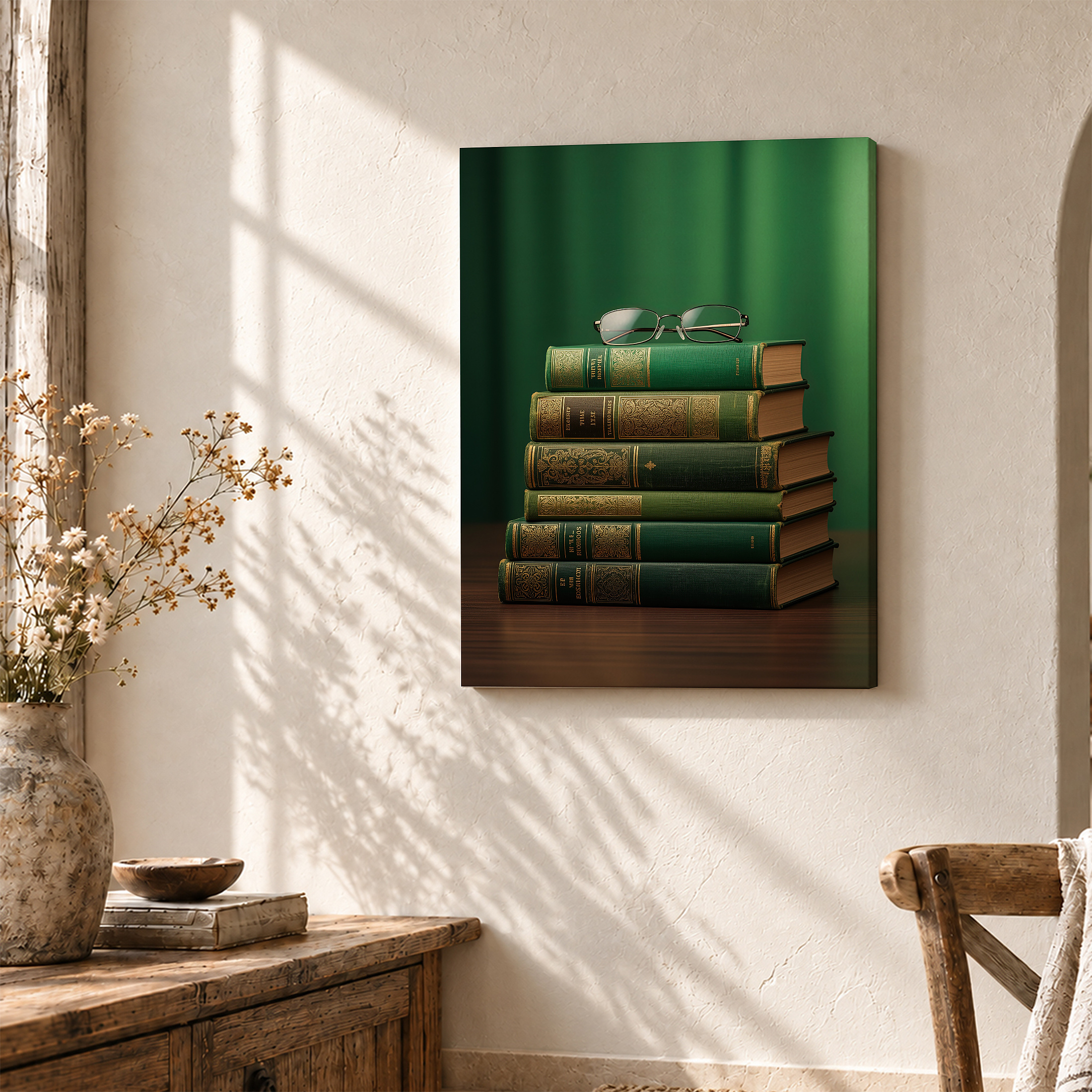 Vintage Book Stack with Glasses Framed Canvas Wall Art - Image 3