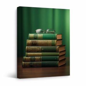 Vintage Book Stack with Glasses Framed Canvas Wall Art