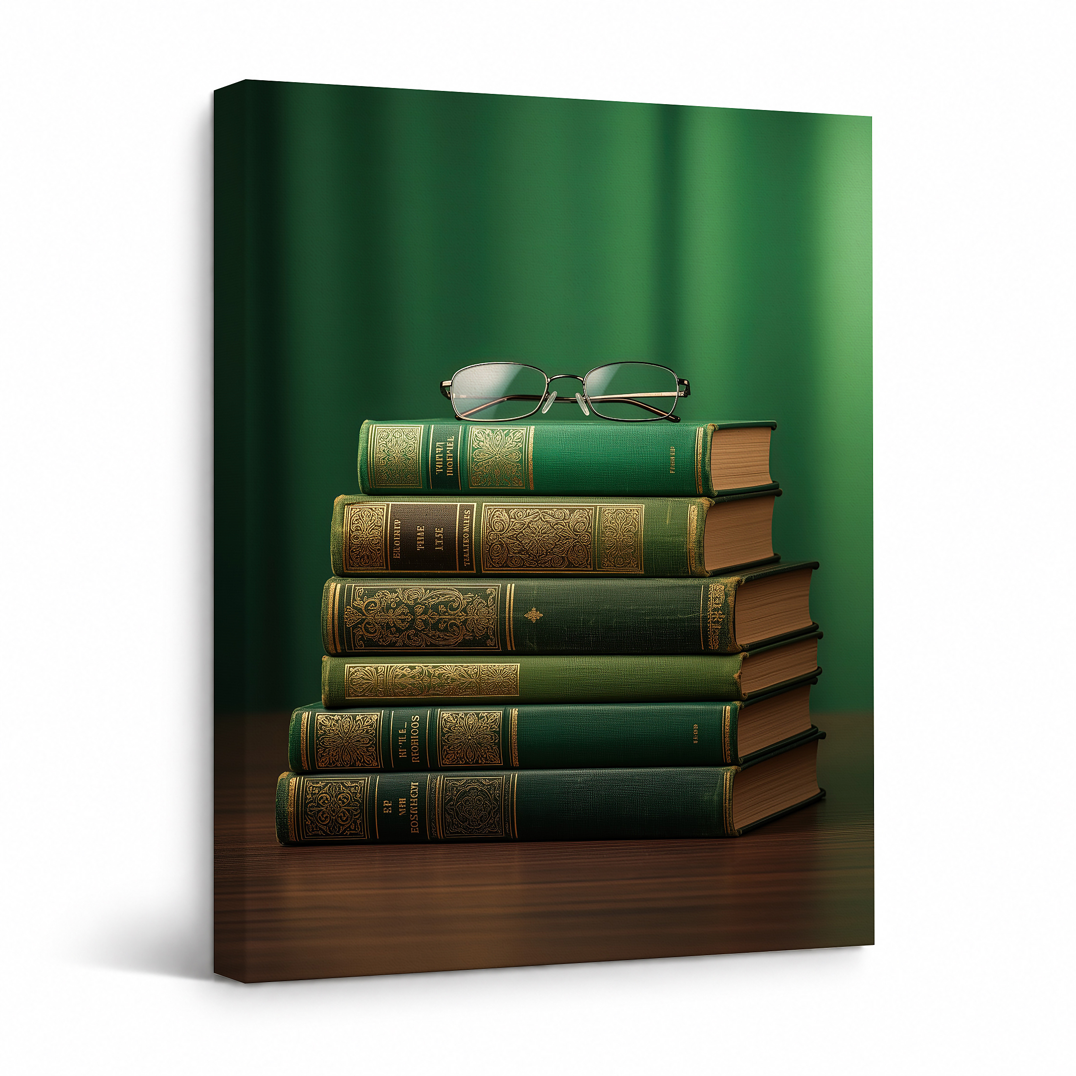 Vintage Book Stack with Glasses Framed Canvas Wall Art