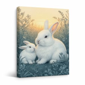 Serene White Rabbits Garden Sunset 3:4 Ratio Framed Canvas Wall Art