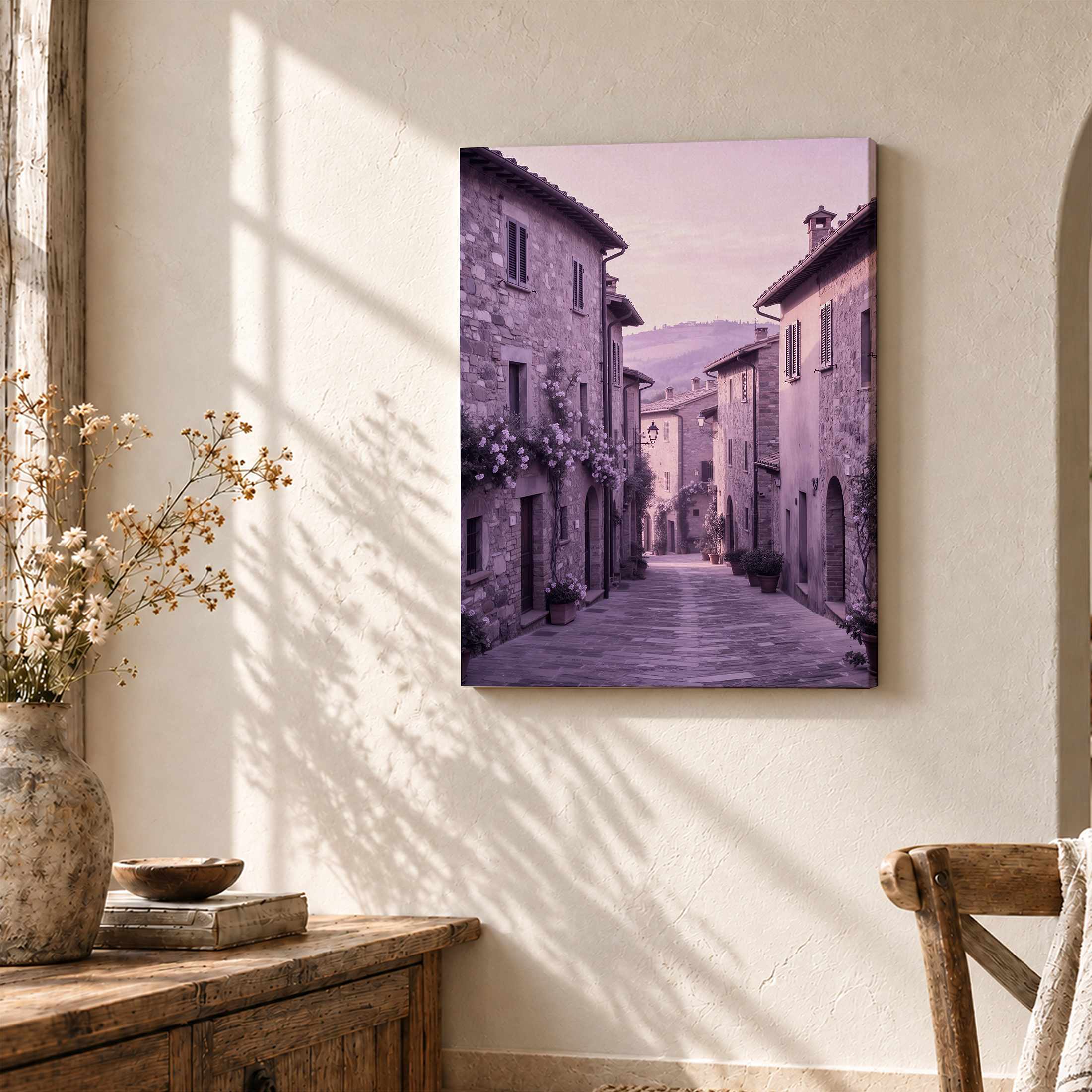 Tuscan Village Street Framed Canvas Wall Art - Serene Stone Lane Art - Image 3