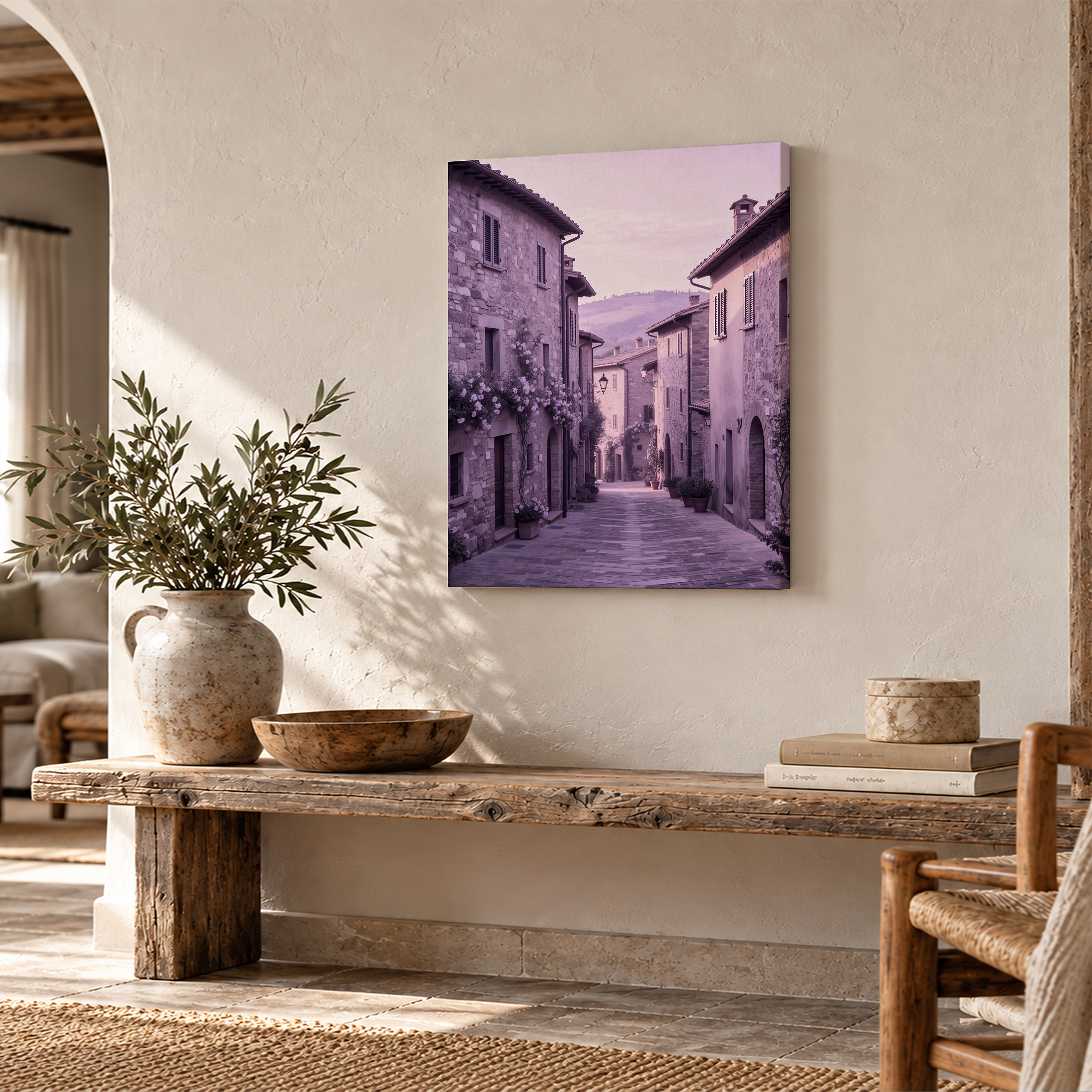 Tuscan Village Street Framed Canvas Wall Art - Serene Stone Lane Art - Image 2