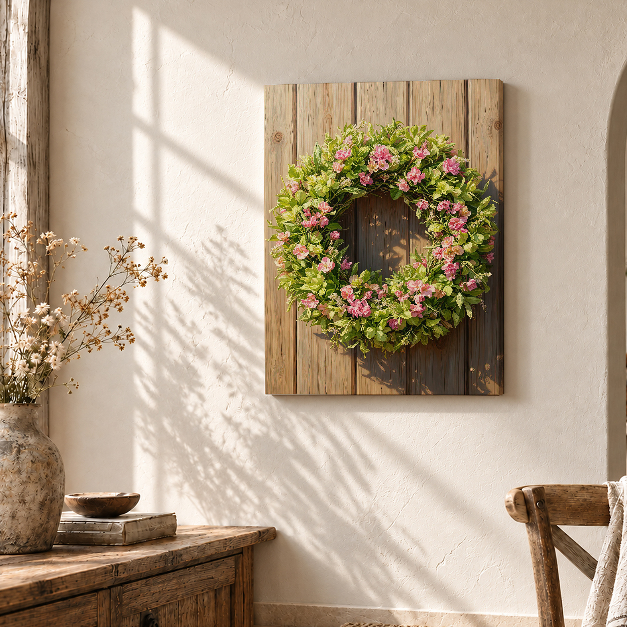 Pink Floral Wreath on Wood Background Framed Canvas Wall Art - Image 3