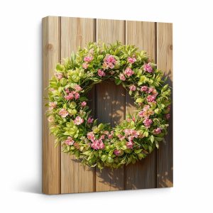 Pink Floral Wreath on Wood Background Framed Canvas Wall Art