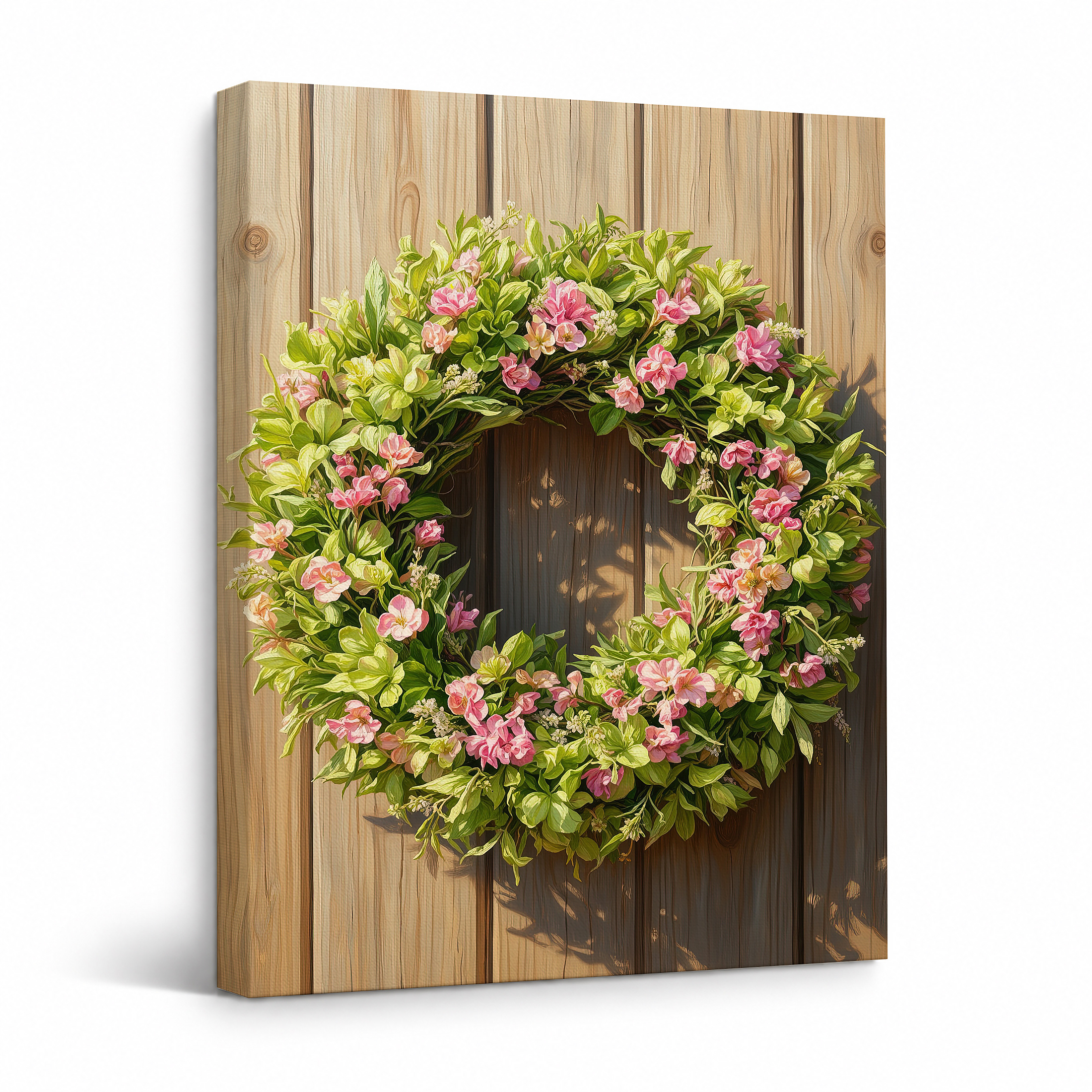 Pink Floral Wreath on Wood Background Framed Canvas Wall Art