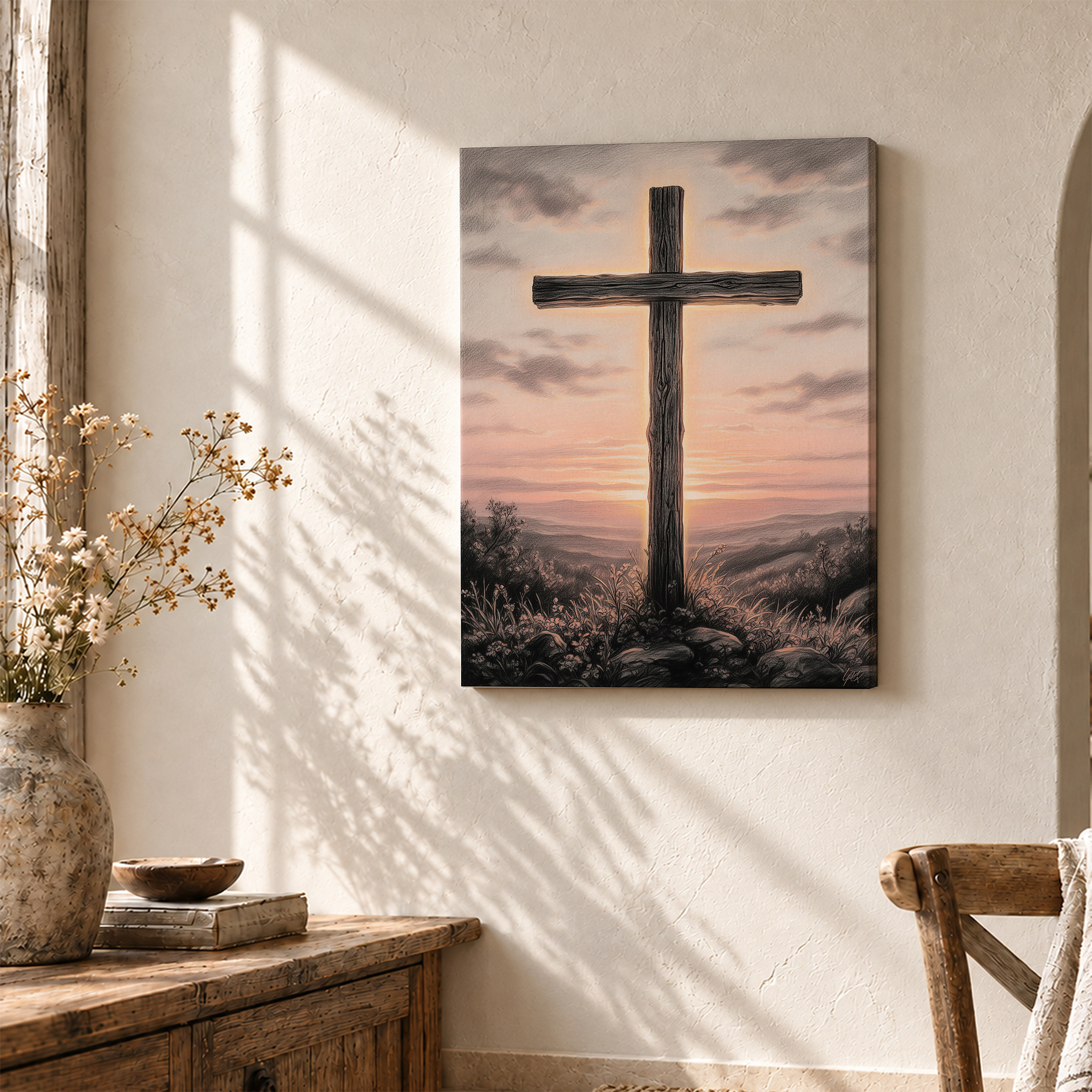 Sunset Cross Landscape Framed Canvas Wall Art - Image 3